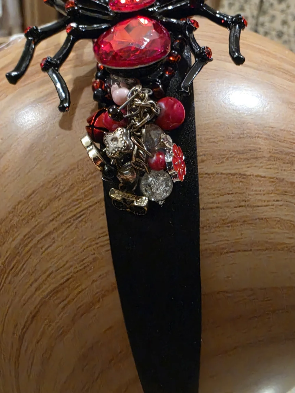 Black Headband with Red Spider, Beaded Embellishment